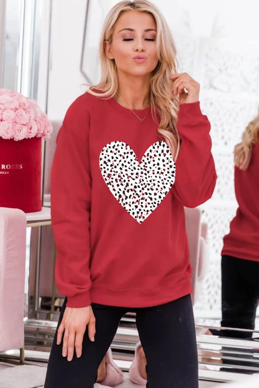 Shewin Women's Red Valentine Leopard Print Heart Drop Shoulder Sweatshirt - Red-2
