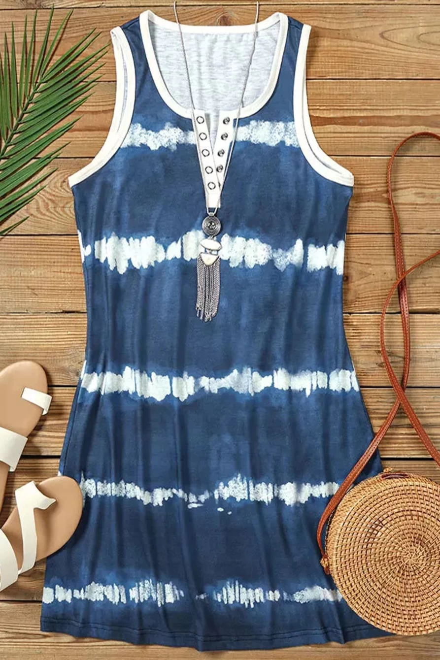 Shewin Women's Blue Tie Dye Striped V-Neck Short Sleeve Button Front Tank Dress