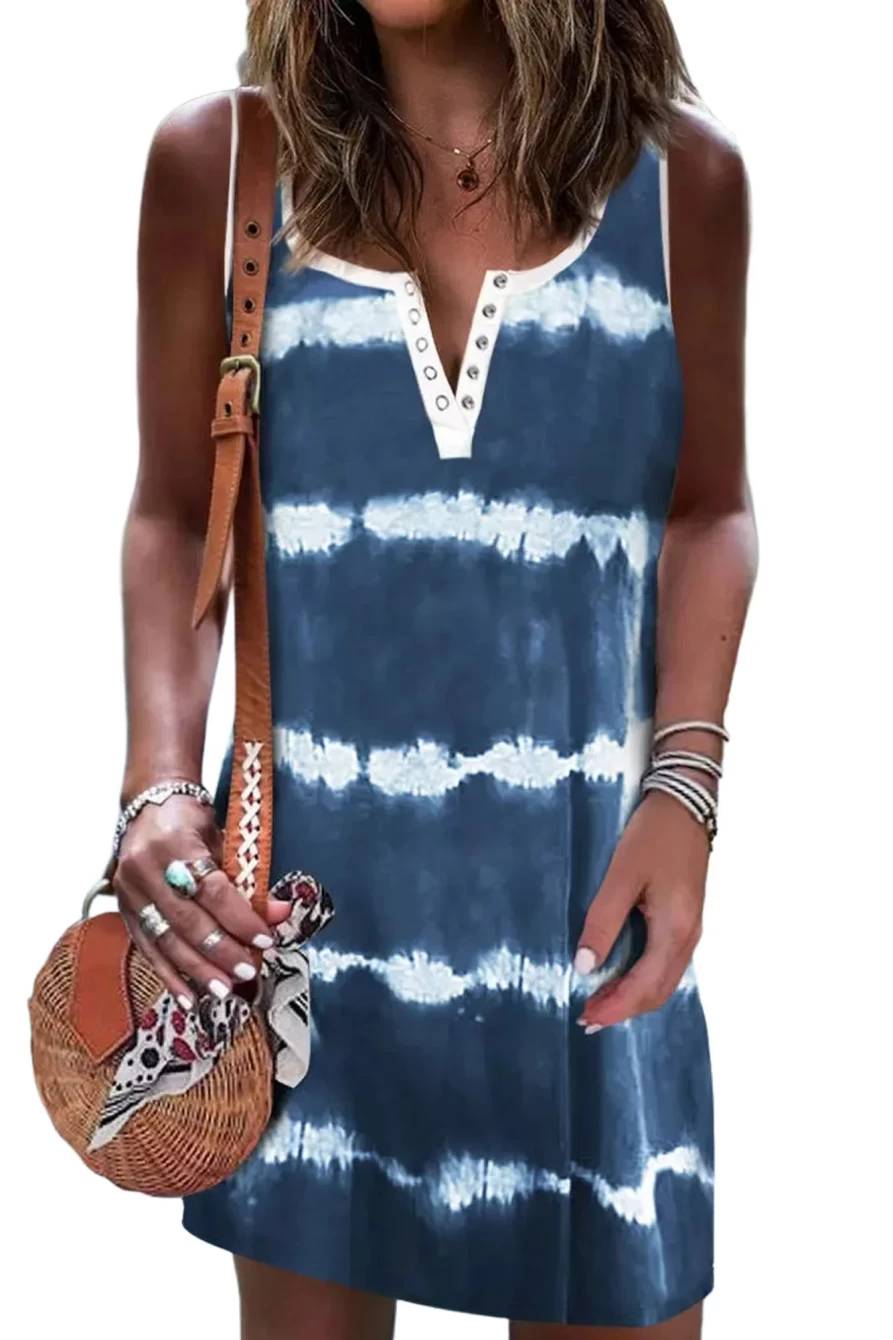 Shewin Women's Blue Tie Dye Striped V-Neck Short Sleeve Button Front Tank Dress