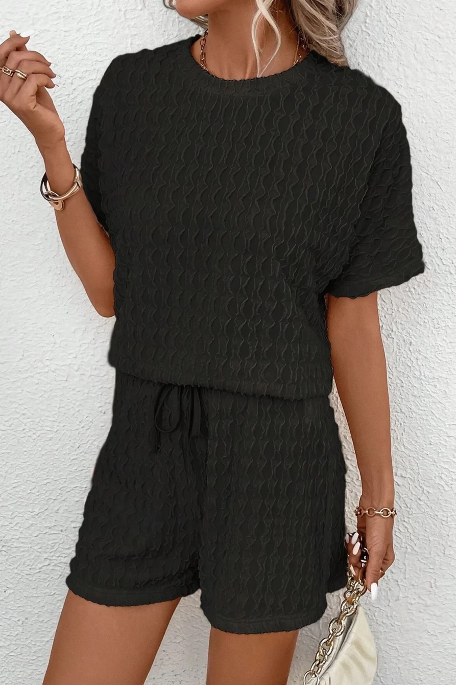 Shewin Women's Black Frill Textured Tee and Drawstring Shorts Set