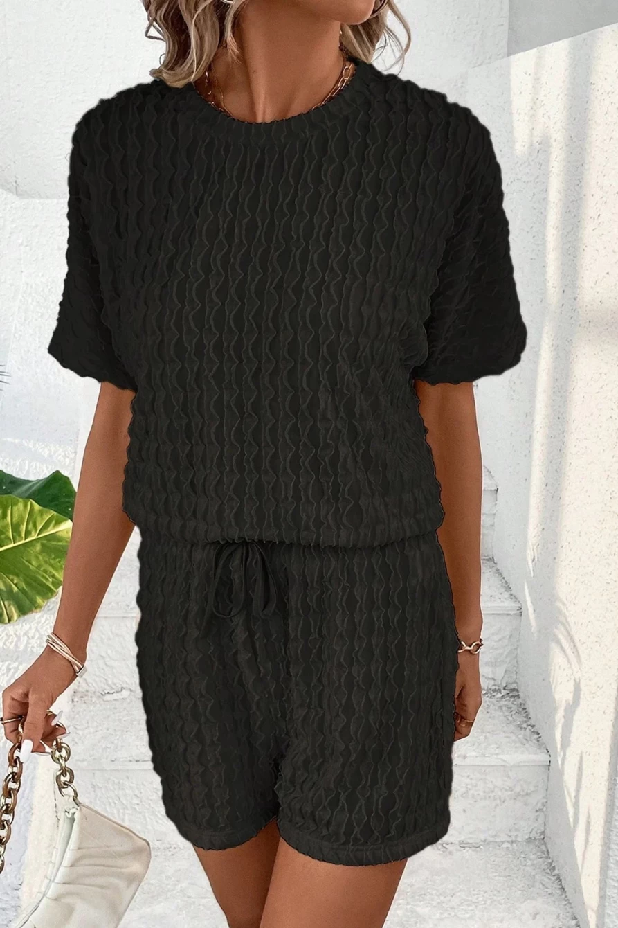 Shewin Women's Black Frill Textured Tee and Drawstring Shorts Set