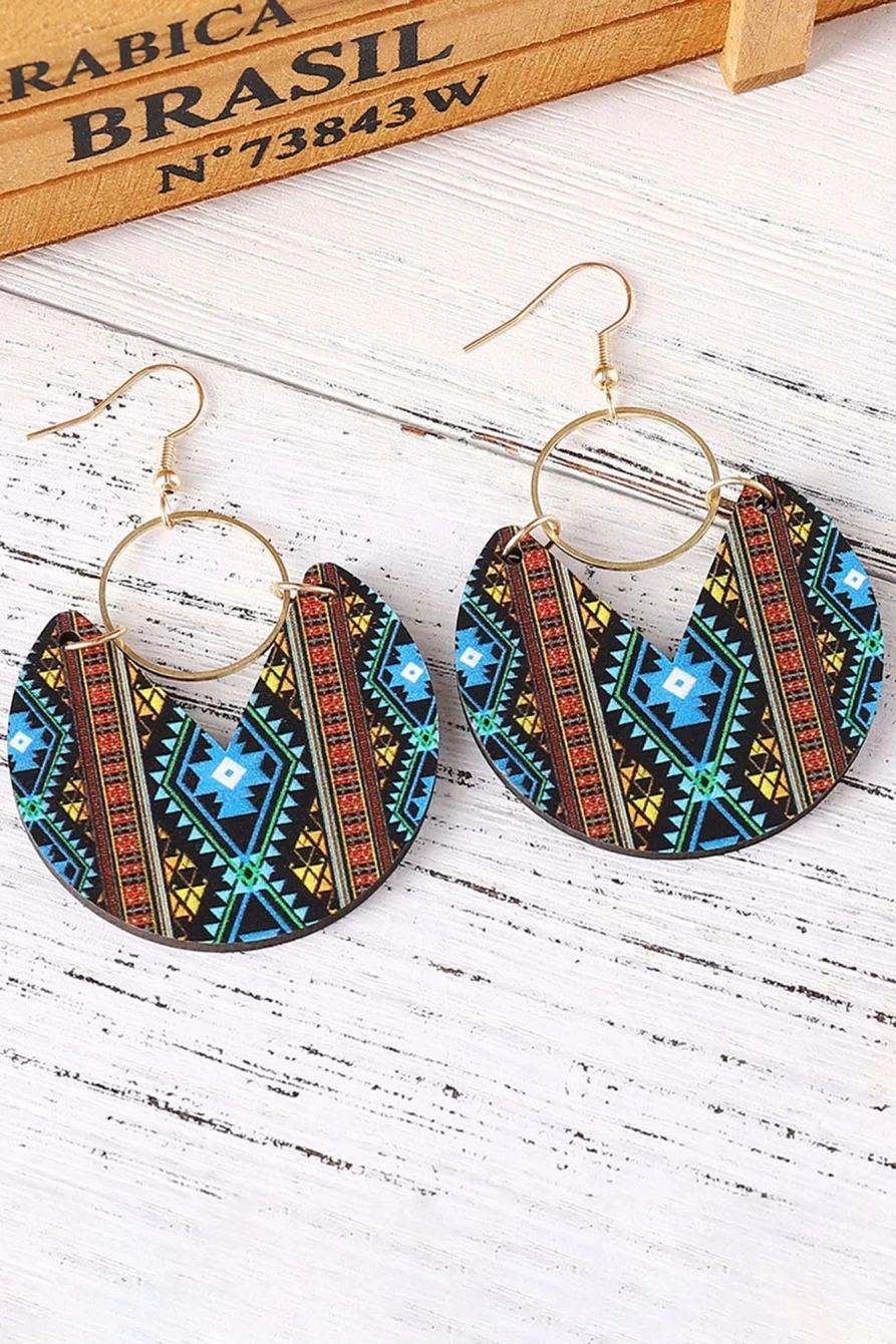 Shewin Women's Multicolour Geometric Circle Wooden Earrings - Unique Printed Design