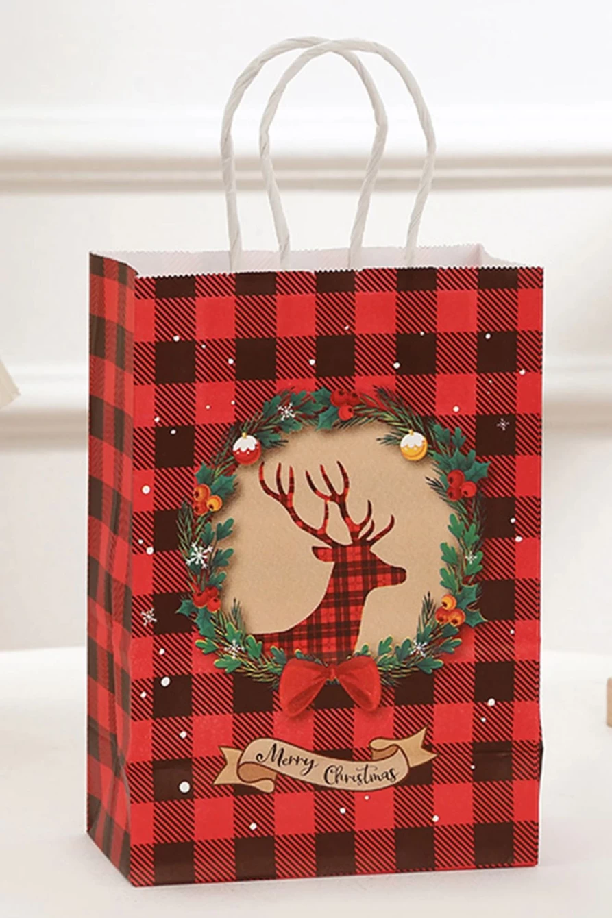 Shewin Fiery Red Reindeer Plaid Christmas Gift Bag for Women - Festive Holiday Present