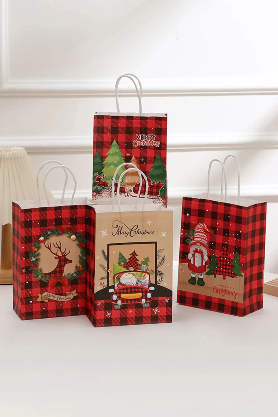 Shewin Fiery Red Reindeer Plaid Christmas Gift Bag for Women - Festive Holiday Present