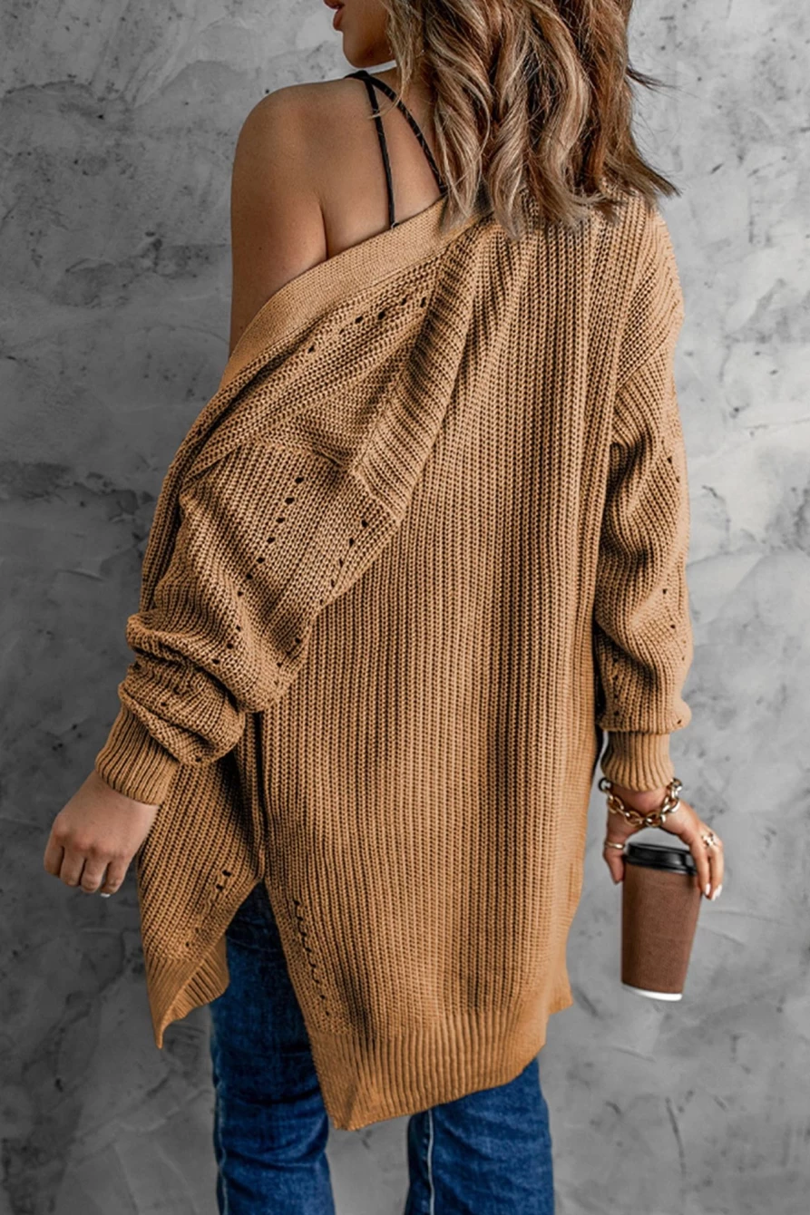 Women's Apricot Long Sleeve Cardigan Sweater - Shewin Fall Khaki Coatigan