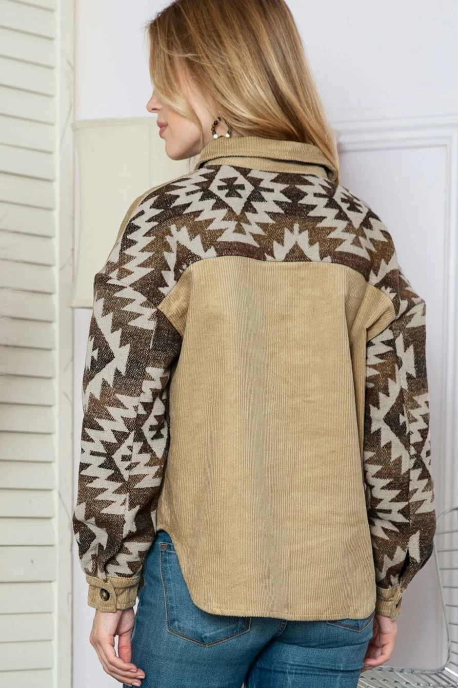 "Shewin Women's Khaki Geometric Print Corduroy Jacket with Patchwork & Frayed Edge Details"