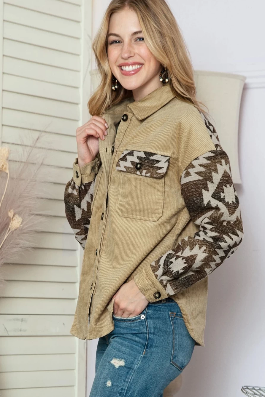 "Shewin Women's Khaki Geometric Print Corduroy Jacket with Patchwork & Frayed Edge Details"