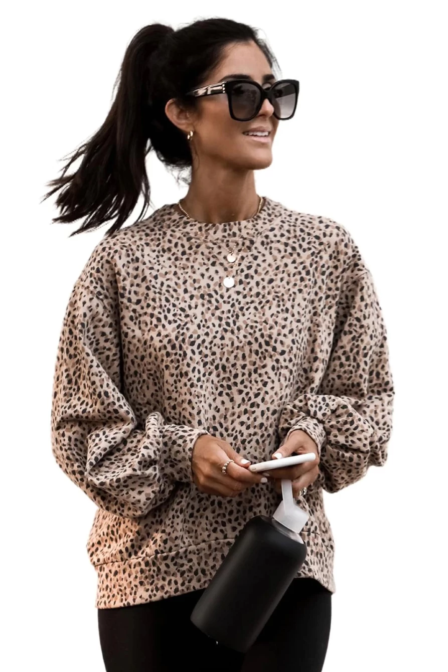 Shewin Women's Leopard Print Crew Neck Bishop Sleeve Sweatshirt