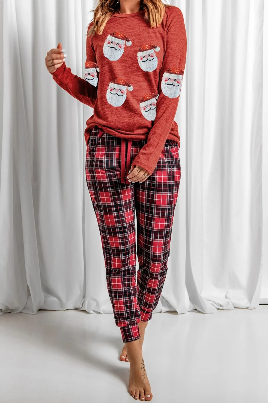"SheWin Women's Red Sequined Santa Claus Graphic Lounge Set with Plaid Pants"
