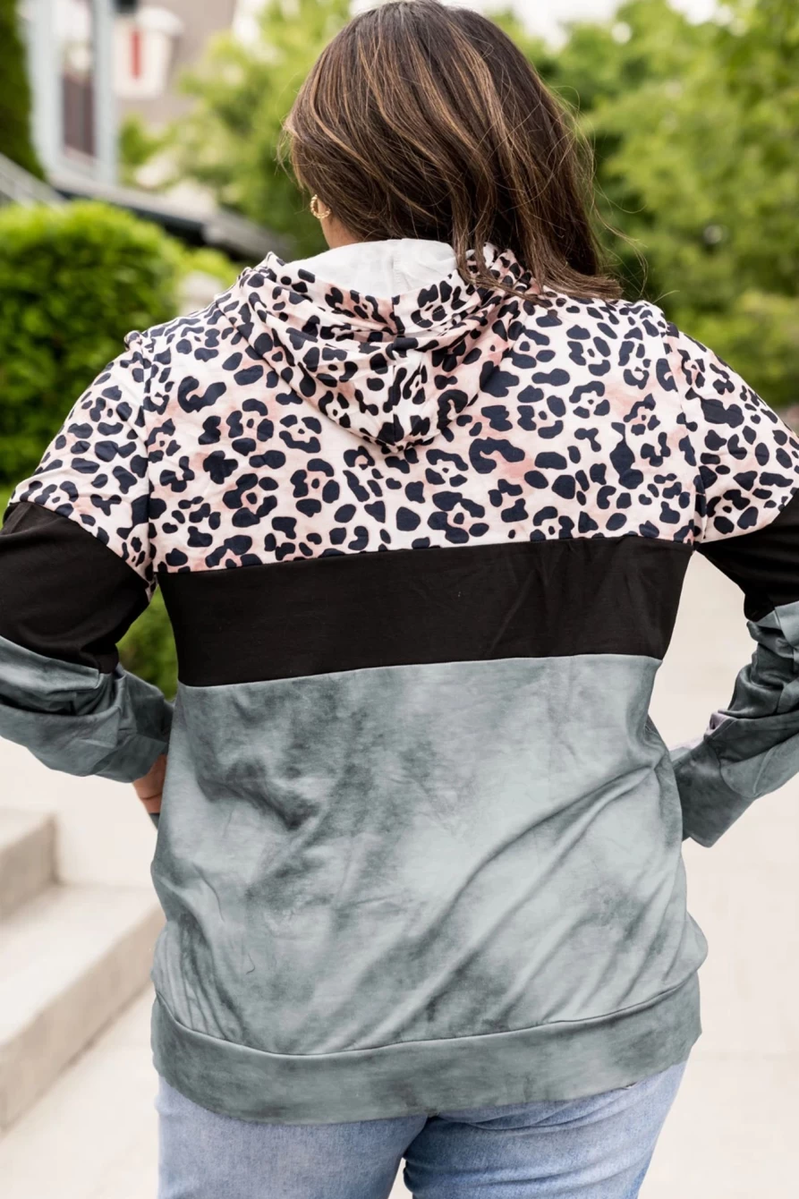 Shewin Women's Gray Leopard Print Colorblock Hoodie with Pockets Plus Size Casual Pullover