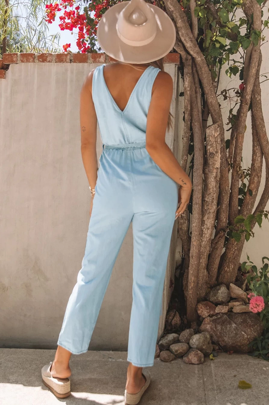 Women's Sky Blue Casual Sleeveless Jumpsuit with Pockets & Belted Waist | SHEWIN