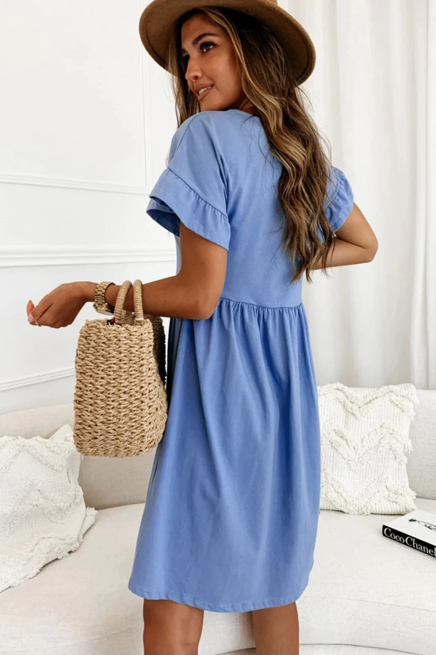 Shewin Women's Sky Blue Round Neck Ruffle Sleeve Loose Pleated Dress