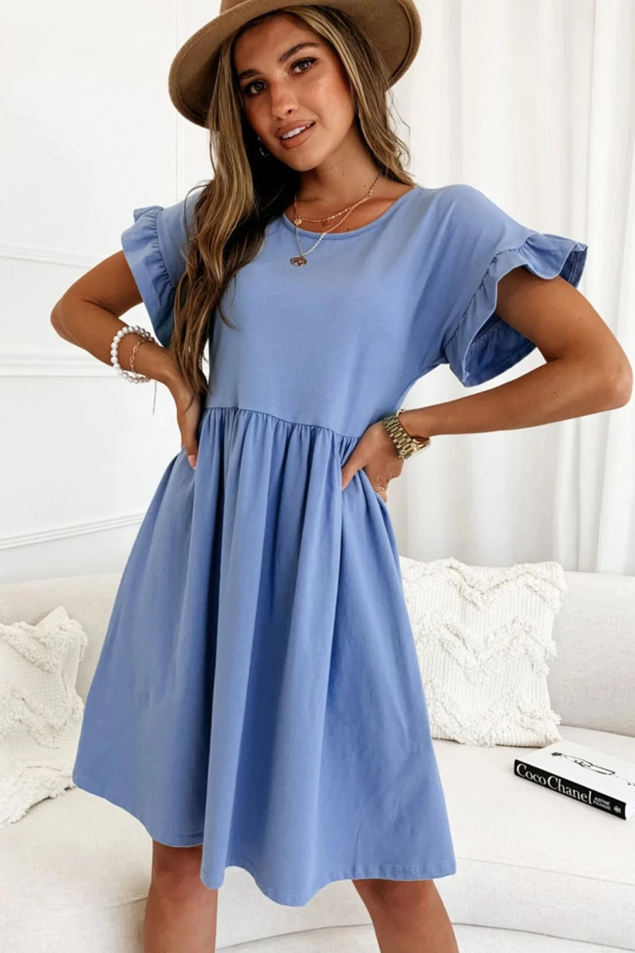 Shewin Women's Sky Blue Round Neck Ruffle Sleeve Loose Pleated Dress