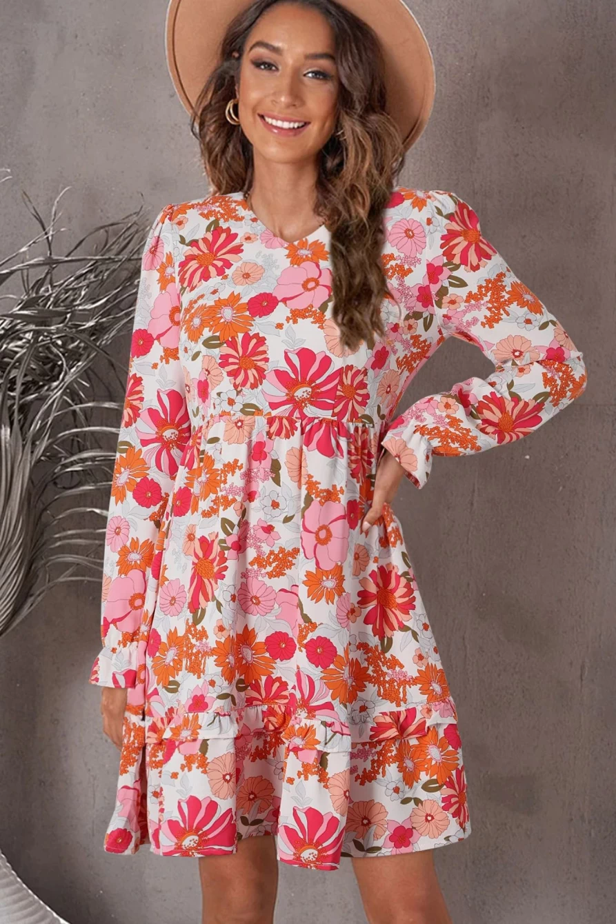 Shewin Women's Multicolor Floral Puff Sleeve Frill Mini Dress with Long Sleeves