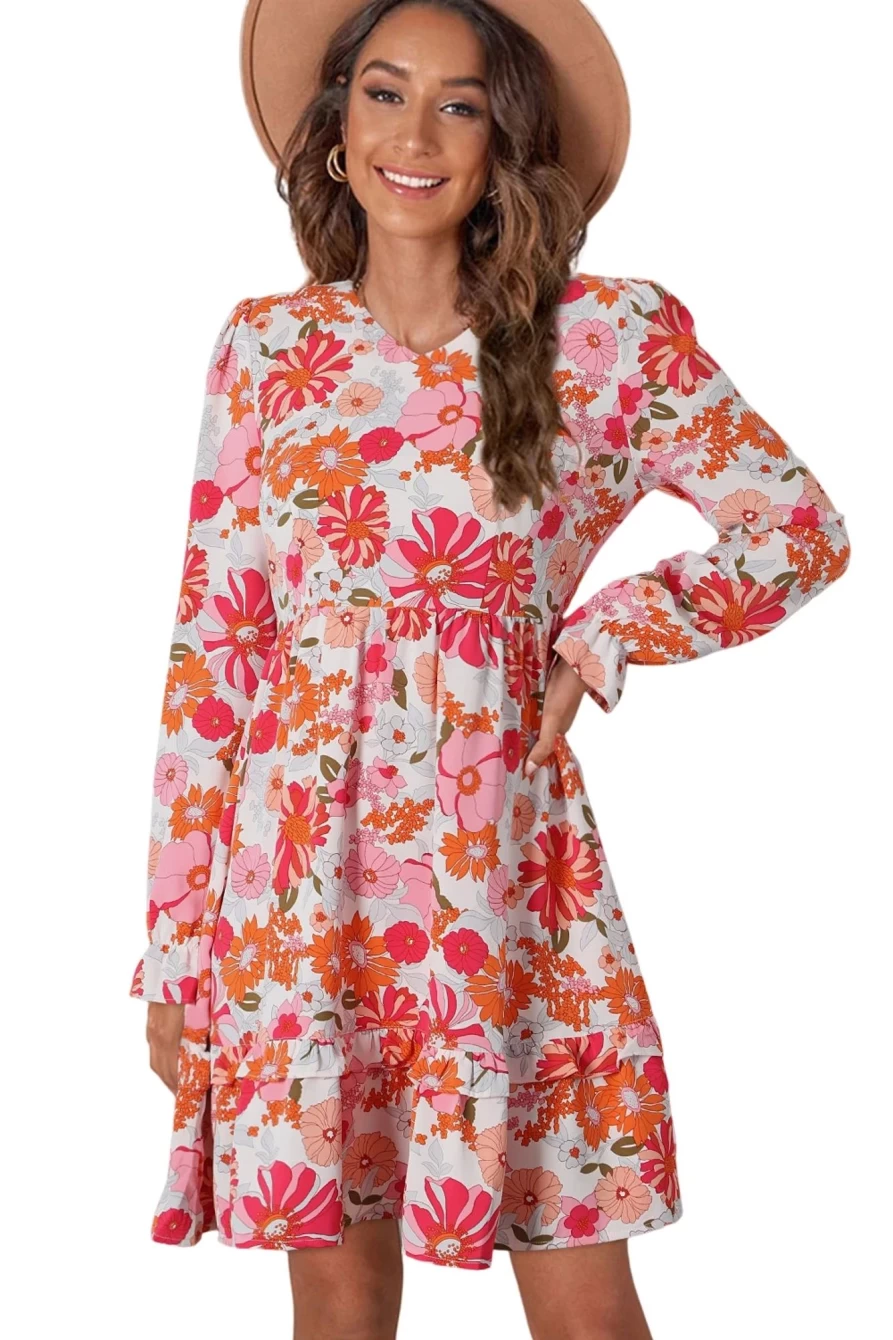 Shewin Women's Multicolor Floral Puff Sleeve Frill Mini Dress with Long Sleeves