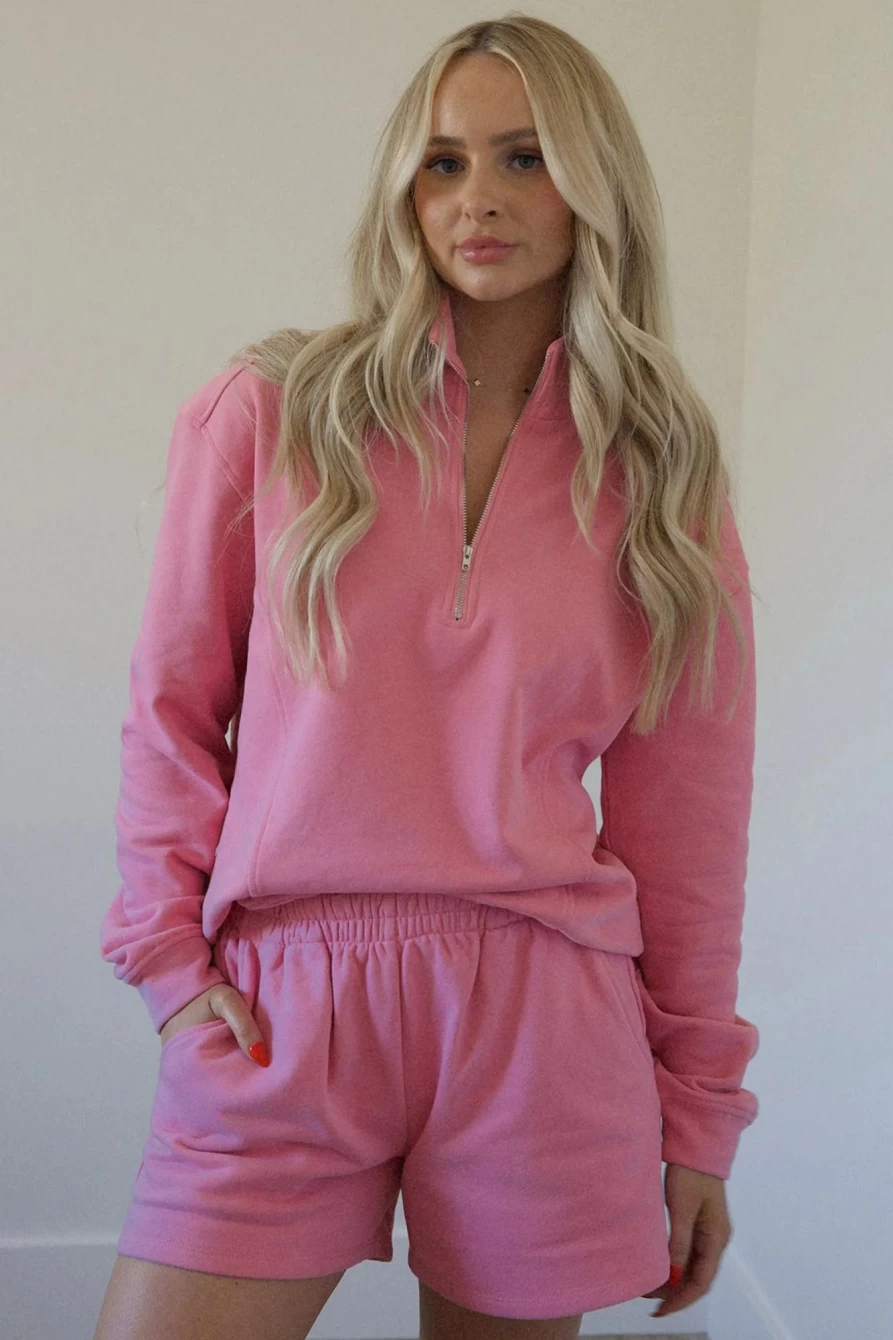 Shewin Women's Pirouette Pink Zip Neck Sweatshirt & Shorts Set - Solid Color Loungewear