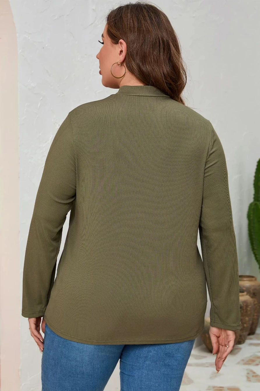 Shewin Women's Green Plus Size Ribbed Mock Neck Peek-A-Boo Cut Out T-Shirt