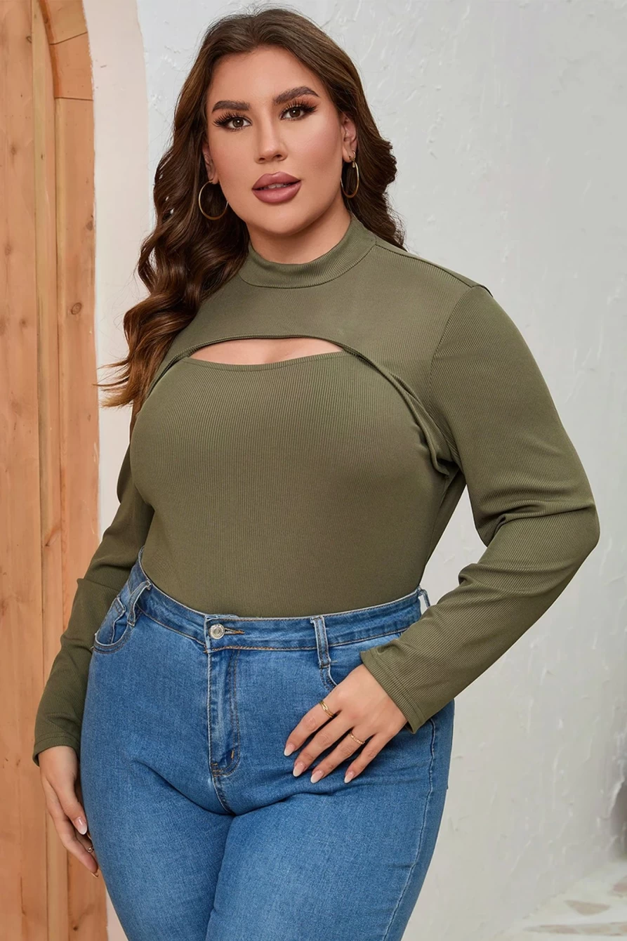 Shewin Women's Green Plus Size Ribbed Mock Neck Peek-A-Boo Cut Out T-Shirt