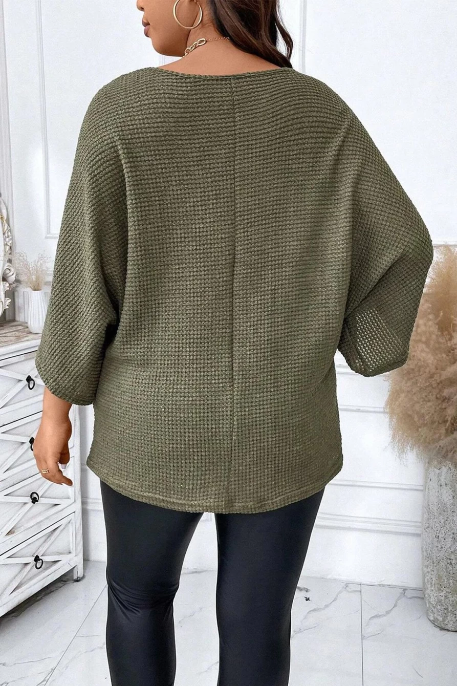 Shewin Women's Plus Size Jungle Green V Neck Textured Knit Dolman Top