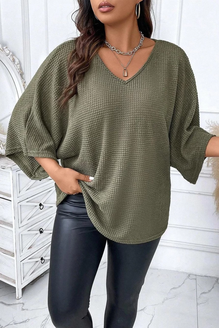 Shewin Women's Plus Size Jungle Green V Neck Textured Knit Dolman Top