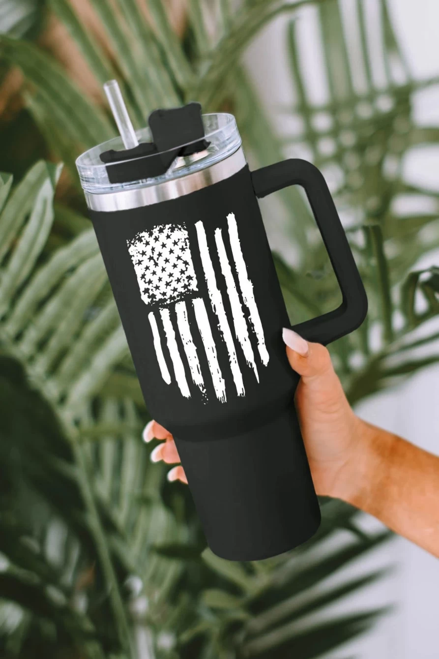 40Oz Black Stainless Steel Tumbler With Handle - Patriotic American Flag Print - Shewin Insulated Mug For Women