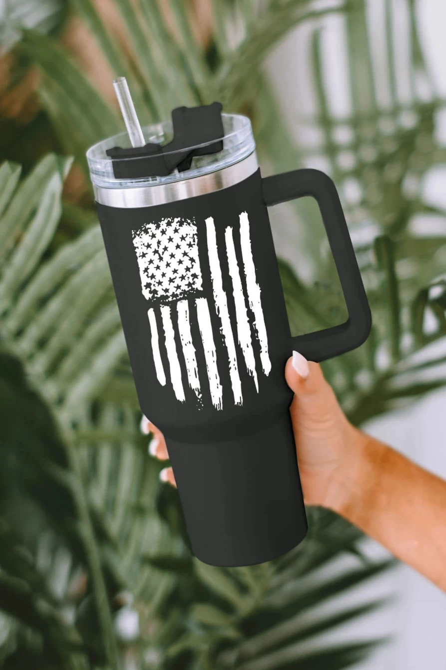 40Oz Black Stainless Steel Tumbler With Handle - Patriotic American Flag Print - Shewin Insulated Mug For Women
