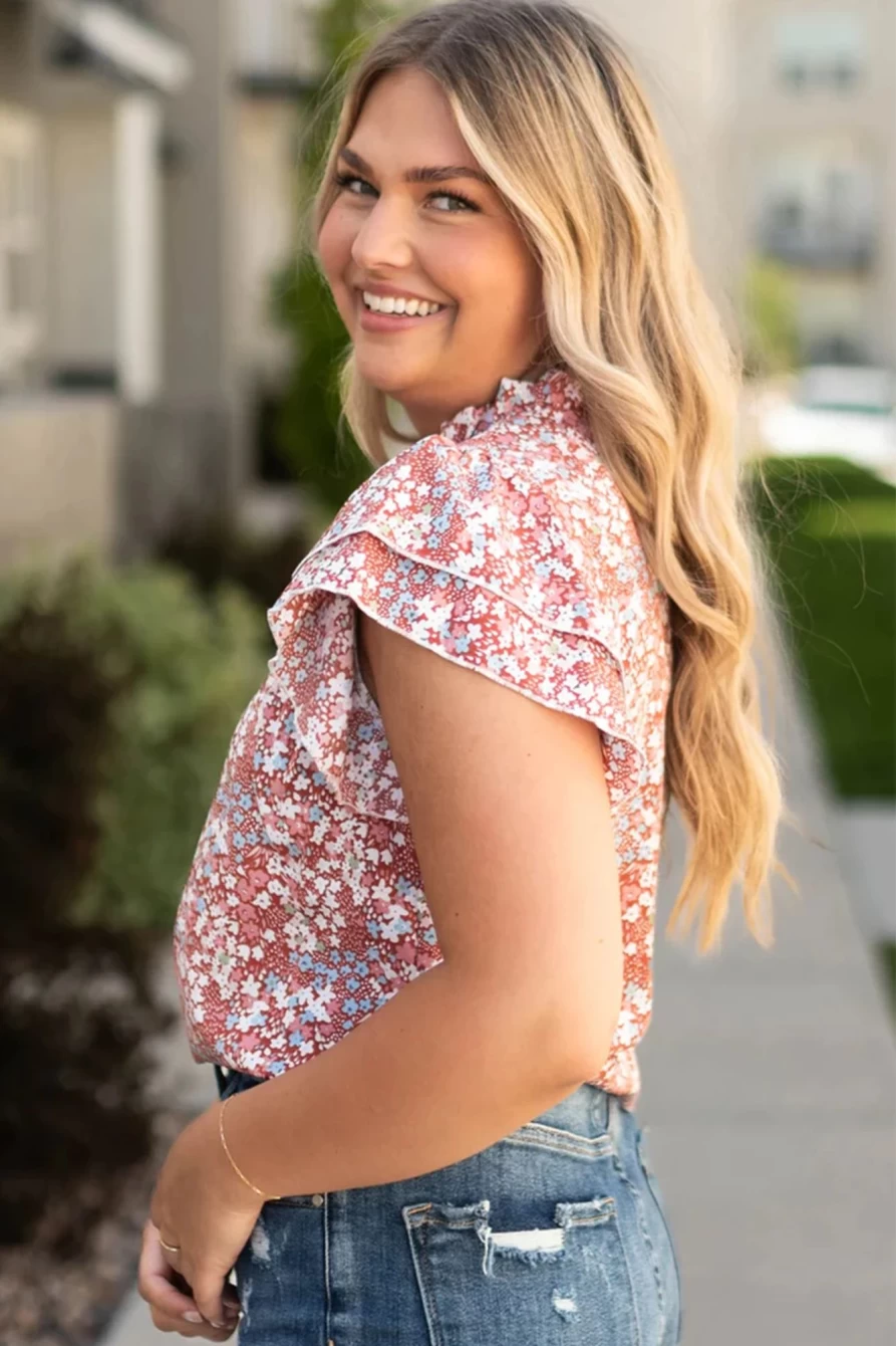 Shewin Women's Plus Size Pink Floral Blouse with Ruffled Sleeves & Frilled Neck Detail