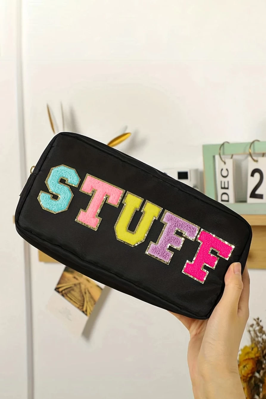 Shewin Black Glitter Zipper Canvas Makeup Bag for Women - Sparkling Cosmetic Pouch