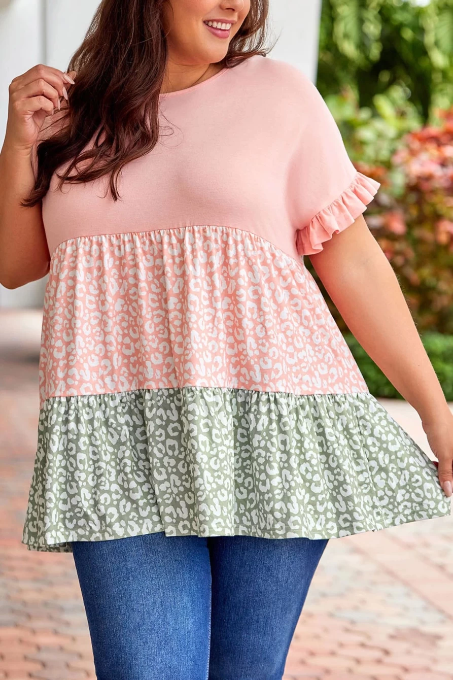 Shewin Women's Pink Leopard Print Ruffled Short Sleeve Flowy Plus Size Top