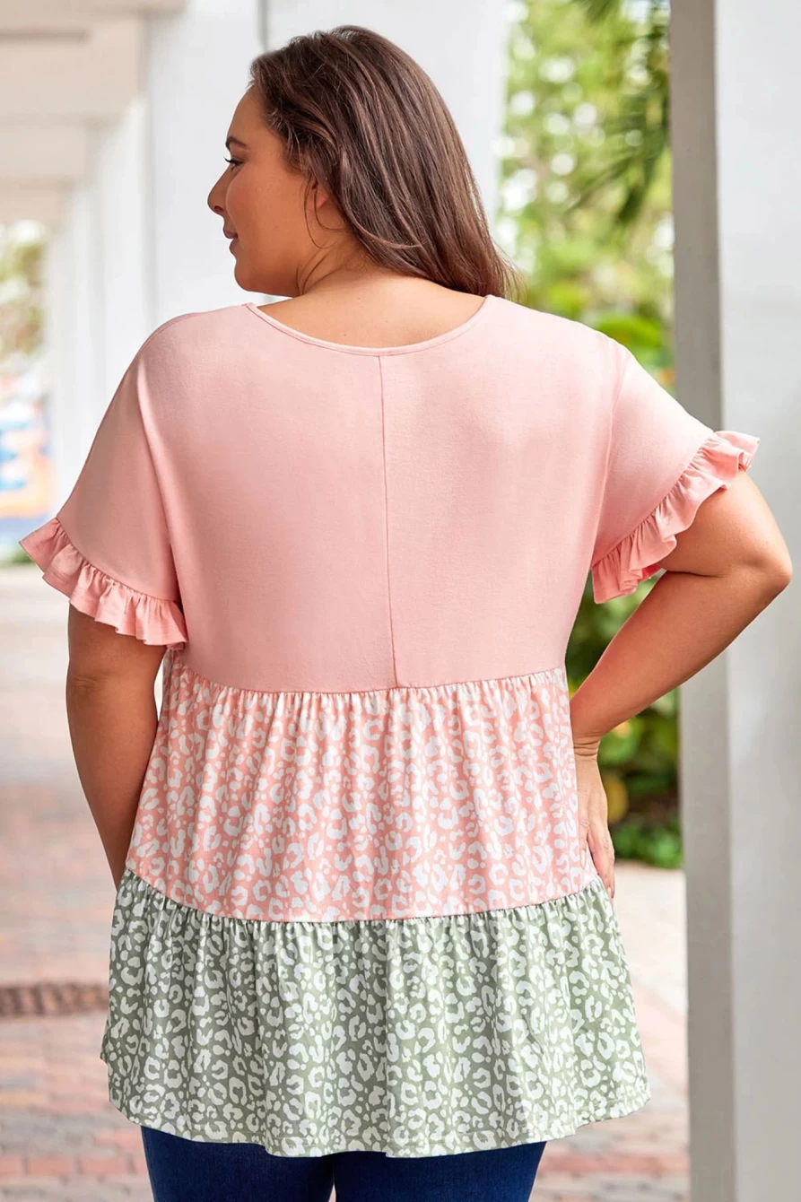 Shewin Women's Pink Leopard Print Ruffled Short Sleeve Flowy Plus Size Top