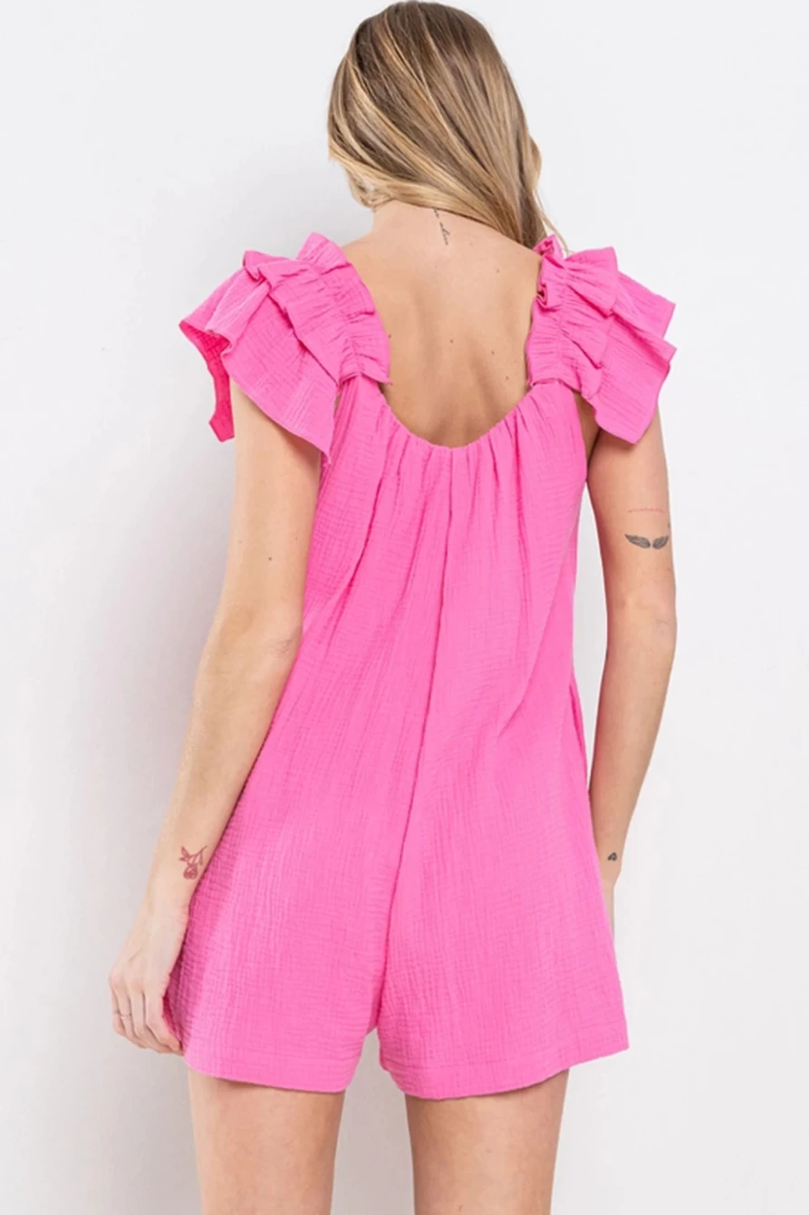 Shewin Women's Bonbon Gauze Romper with Ruffle Straps and Pockets