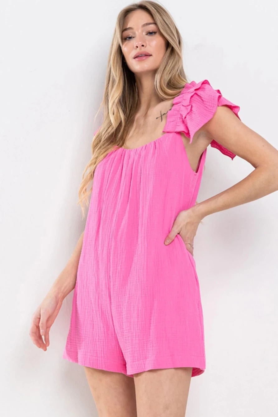 Shewin Women's Bonbon Gauze Romper with Ruffle Straps and Pockets