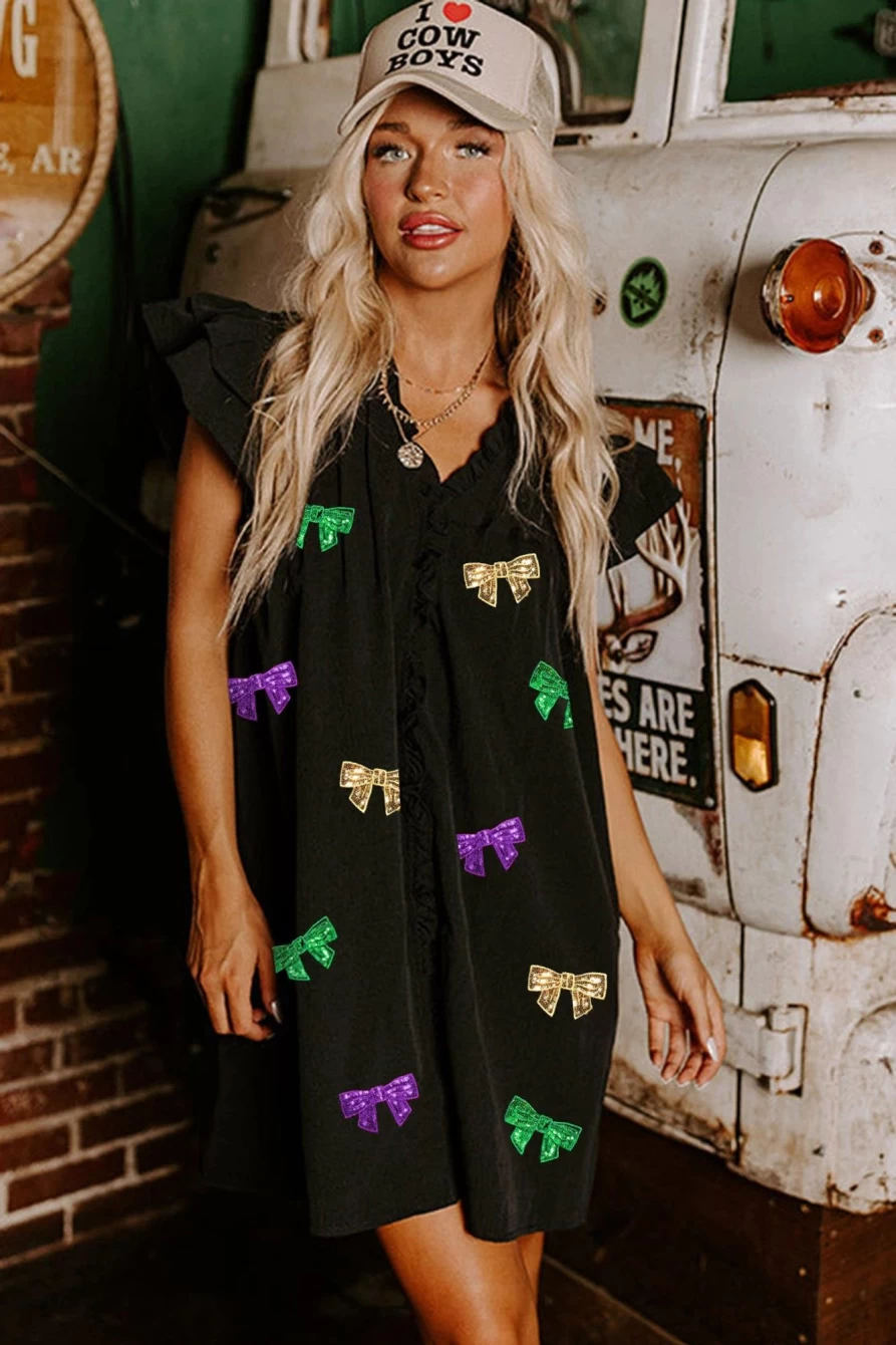 Shewin Women's Black Mardi Gras Sequin Bowknot Dress with Ruffle Sleeves