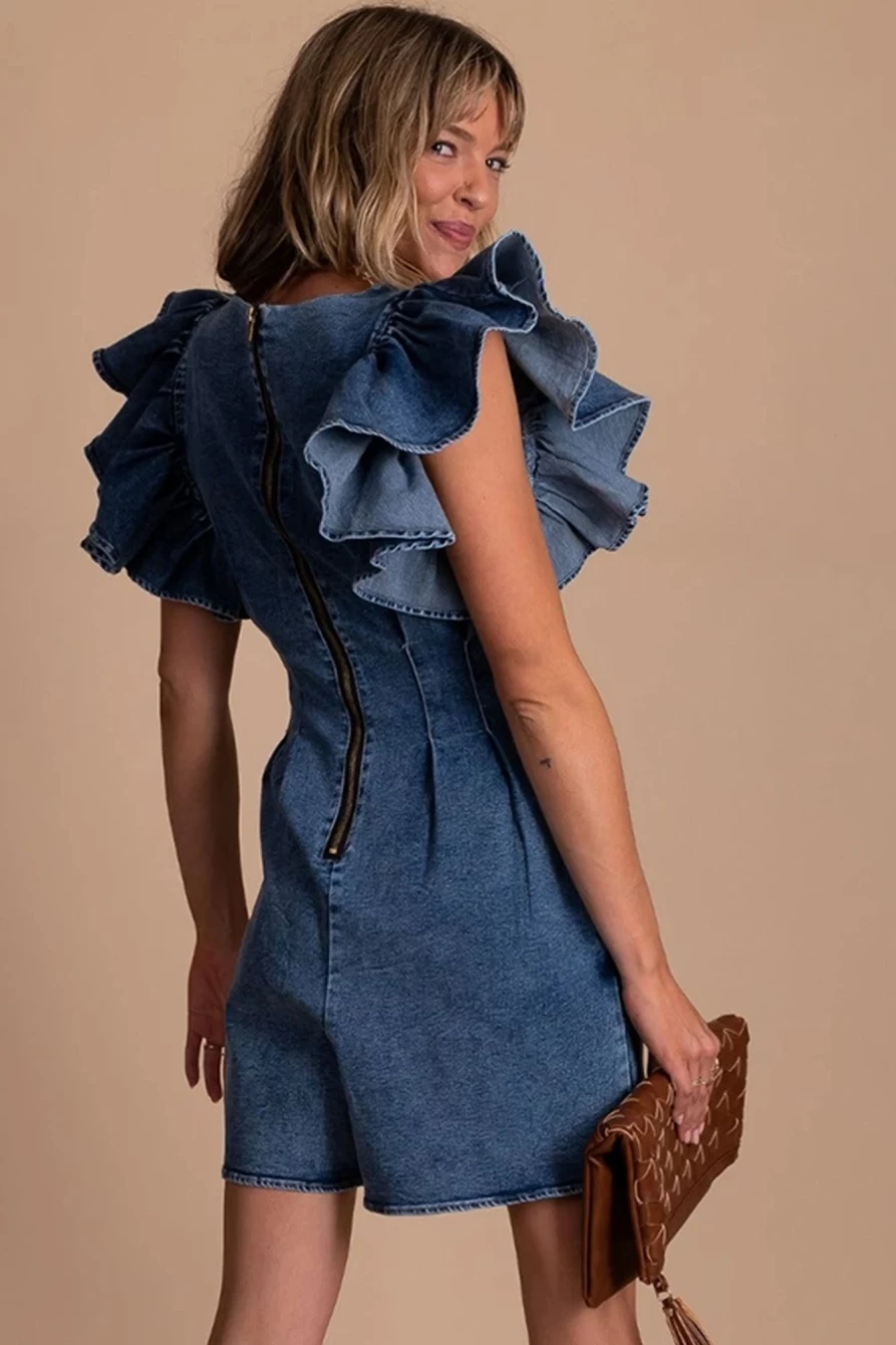 "SheWin Women's Blue Denim Romper with Ruffle Pleats, Deep V-Neck & Pockets"