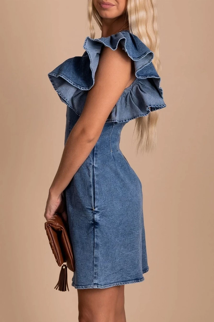 "SheWin Women's Blue Denim Romper with Ruffle Pleats, Deep V-Neck & Pockets"