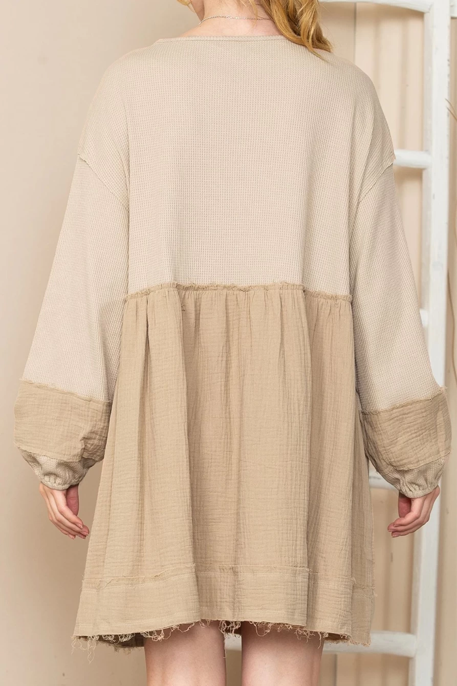 Shewin Women's Khaki Waffle Knit & Gauze Patchwork Henley V-Neck Short Sleeve Dress