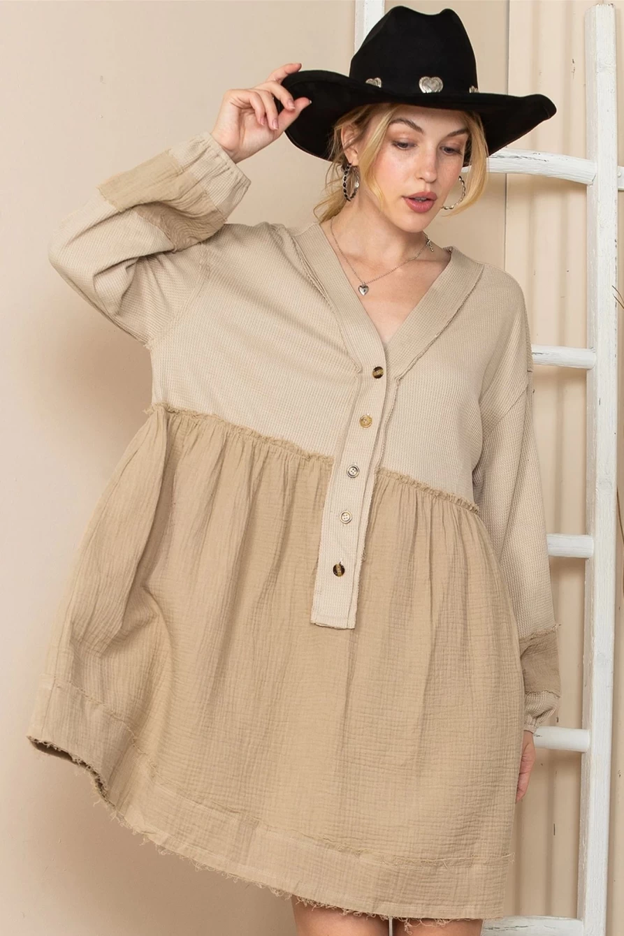 Shewin Women's Khaki Waffle Knit & Gauze Patchwork Henley V-Neck Short Sleeve Dress