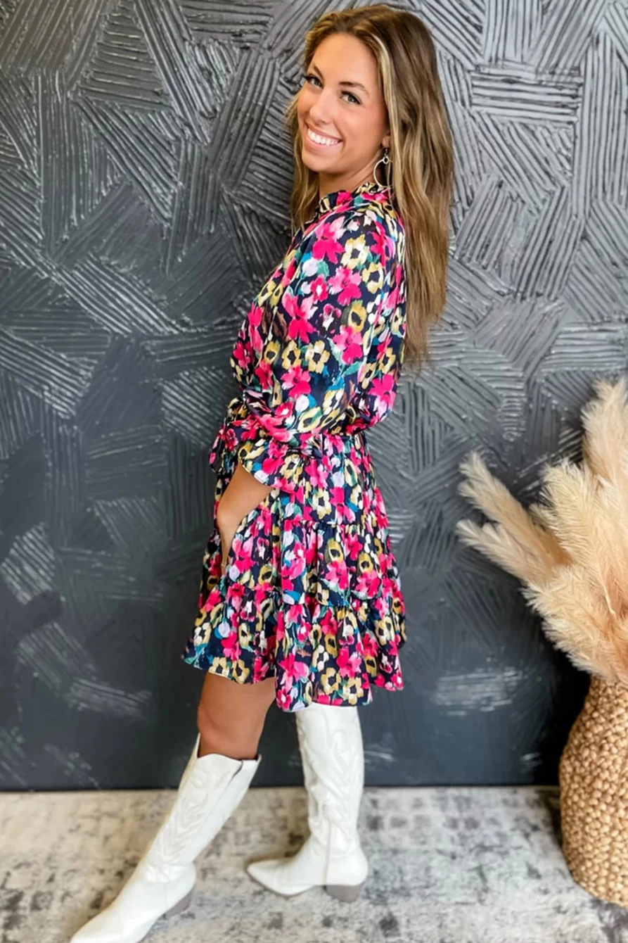 Shewin Women's Rose Red Floral Print V-Neck Mini Dress with Drawstring Waist