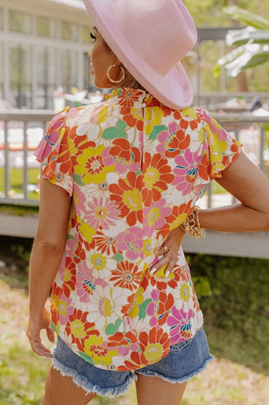 Shewin Women's Multicolor Floral Stand Collar Flutter Sleeves Blouse Top