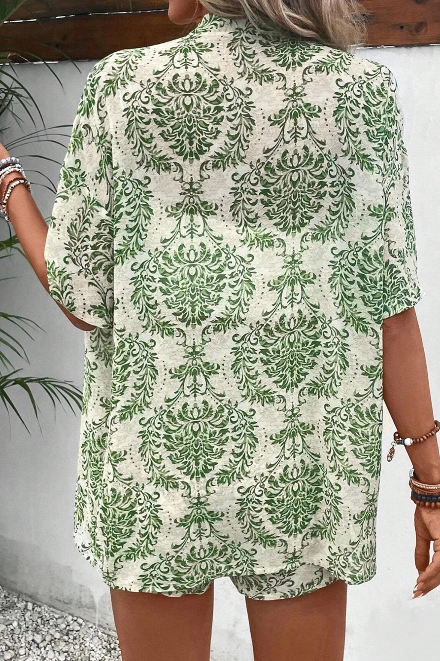 Shewin Women's Green Floral Print Open Front Shirt & Drawstring Shorts Summer Outfit Set