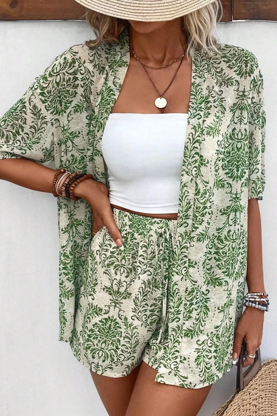 Shewin Women's Green Floral Print Open Front Shirt & Drawstring Shorts Summer Outfit Set