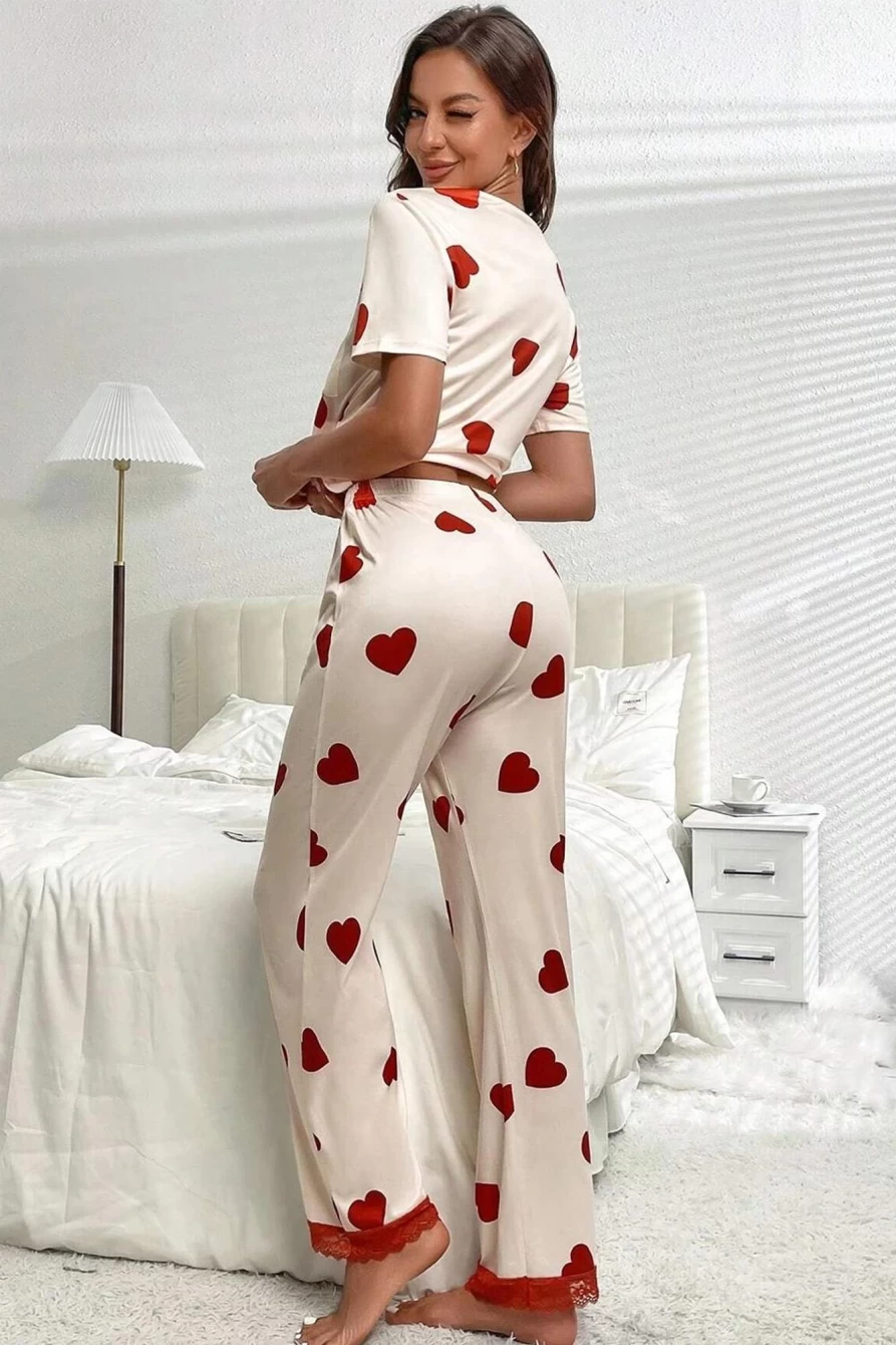 Shewin Women's White Heart Print Pajama Set - Tee & Lace Hem Pants Sleepwear
