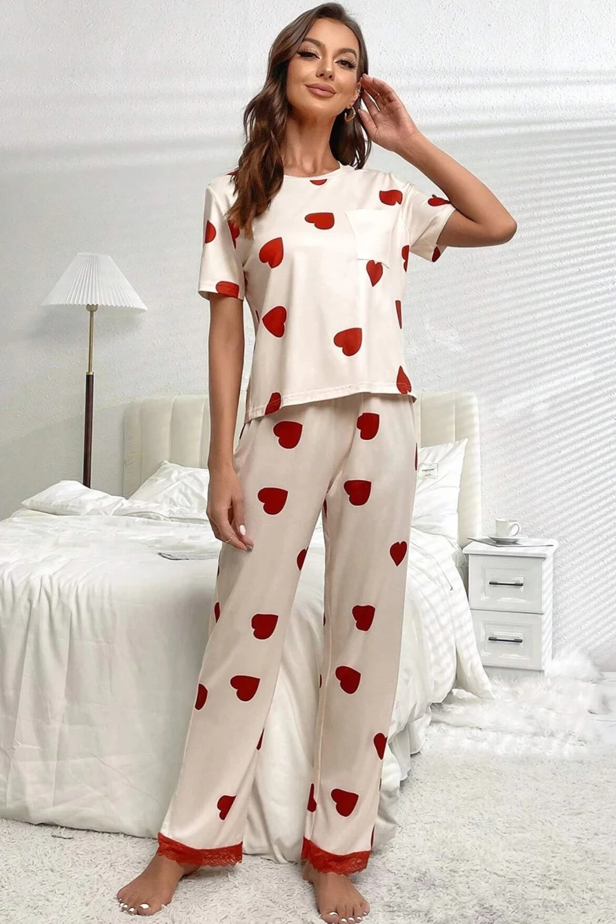 Shewin Women's White Heart Print Pajama Set - Tee & Lace Hem Pants Sleepwear