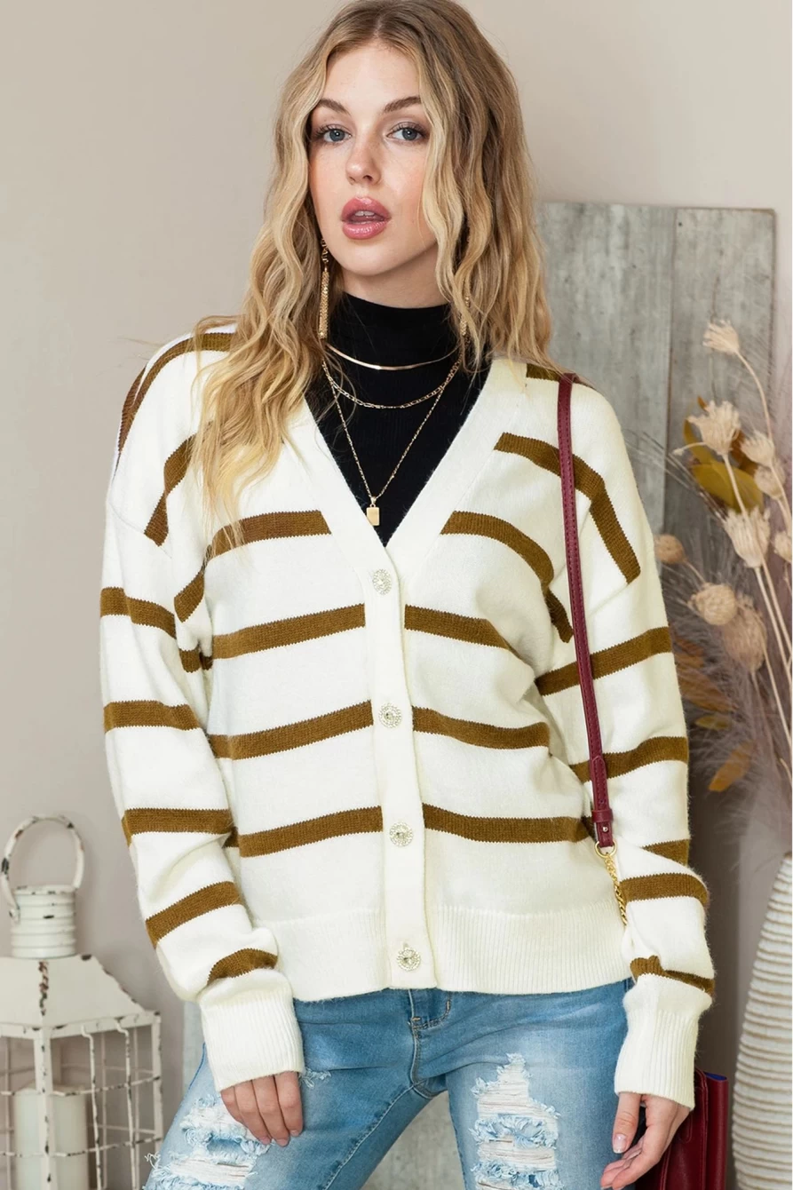 Women's White Striped Chunky Knit Cardigan Sweater with Buttons - Shewin