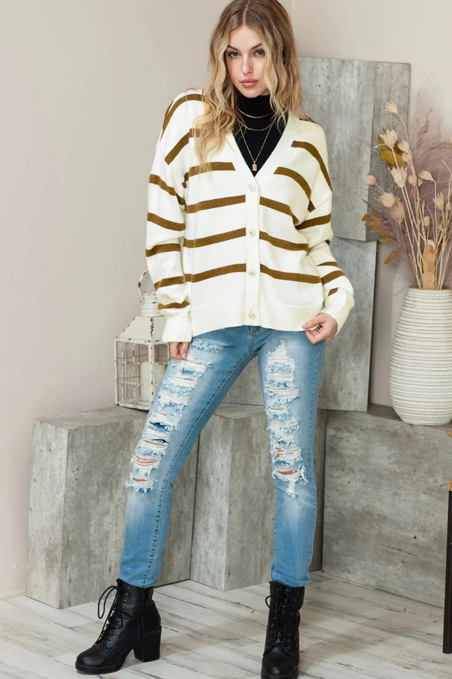 Women's White Striped Chunky Knit Cardigan Sweater with Buttons - Shewin