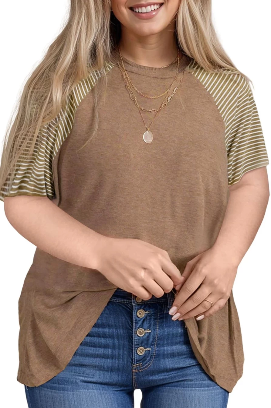 Shewin Women's Light French Beige Striped Raglan Sleeve Crewneck Plus Size T-Shirt