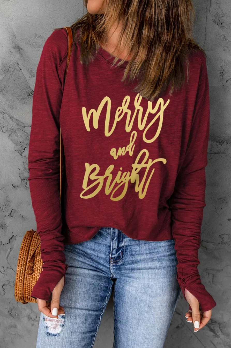 Shewin Women's Red Merry And Bright Graphic Long Sleeve T-Shirt with Thumb Holes