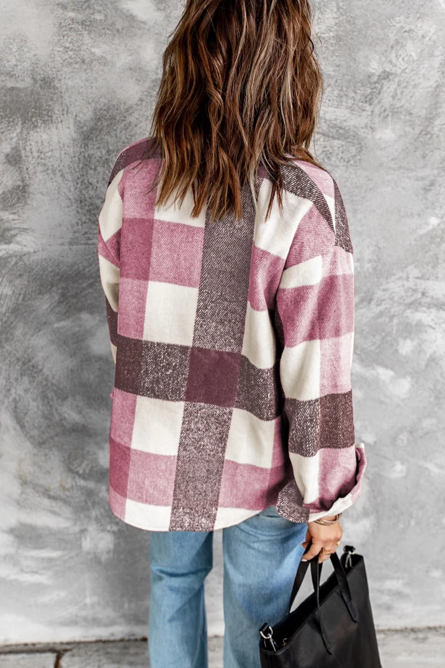Women's Red Plaid Shewin Shacket with Color Block Design, Button Front, and Functional Pockets