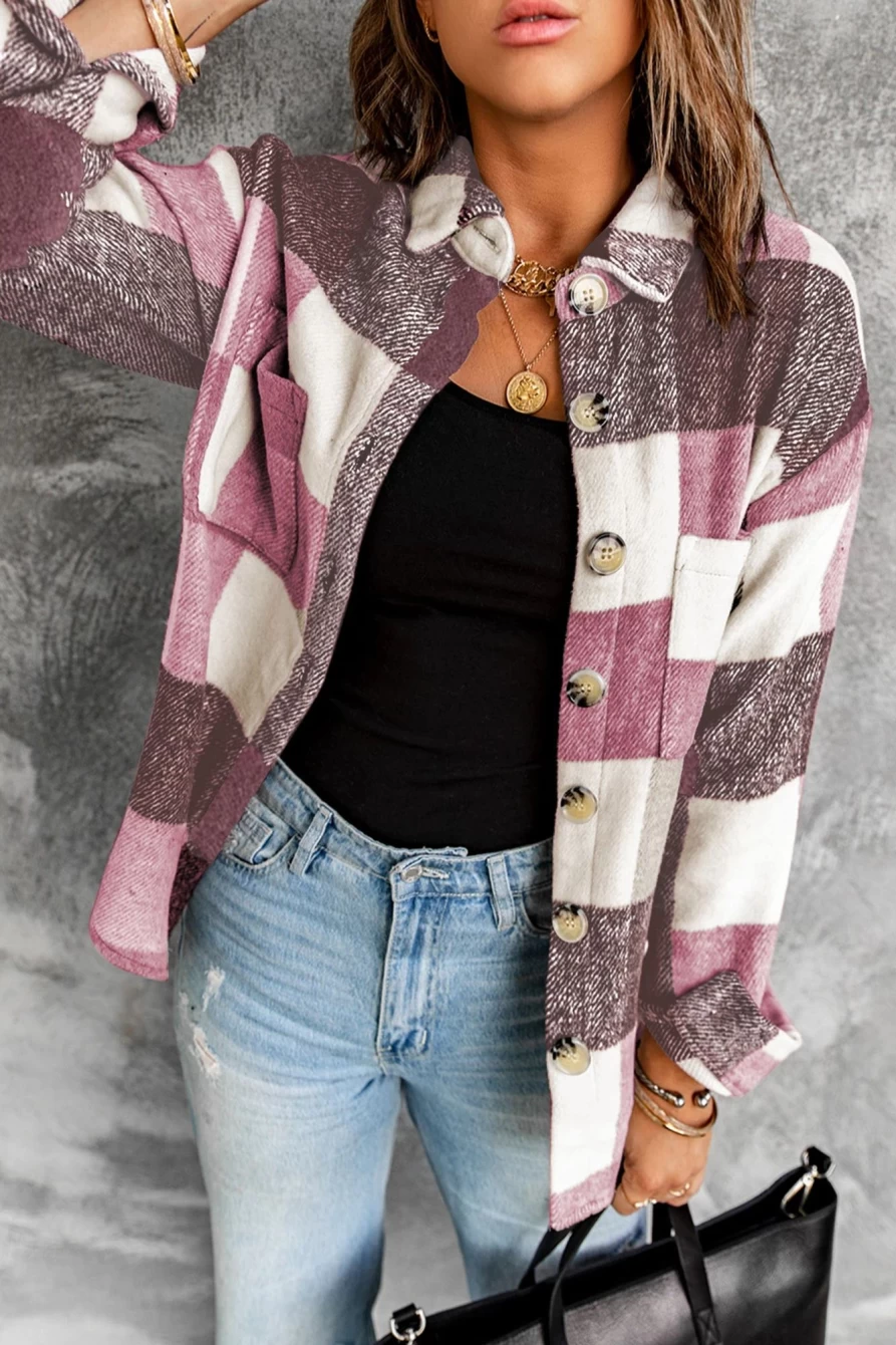 Women's Red Plaid Shewin Shacket with Color Block Design, Button Front, and Functional Pockets