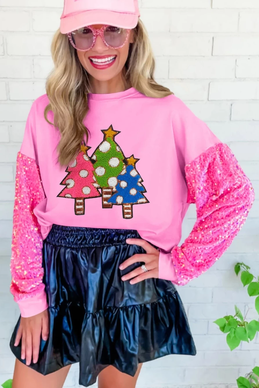 Shewin Women's Pink Christmas Tree Graphic Sweatshirt with Sequined Sleeves Holiday Party Top